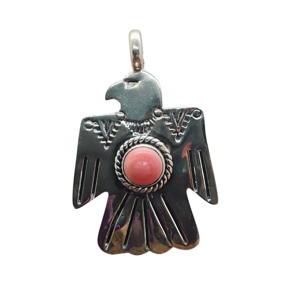 Southwestern Hand Stamped Sterling Silver Thunderbird Pendant Pink Conch Shell - Picture 2 of 7